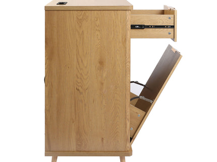 Fluted Coffee Bar Cabinet With Mini Fridge Space & Charging Station - Natural
