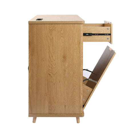 Fluted Coffee Bar Cabinet With Mini Fridge Space & Charging Station - Natural