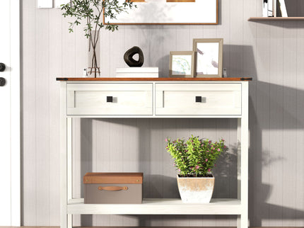 Farmhouse Style Console Table With 2 Drawers And Bottom Storage Shelf