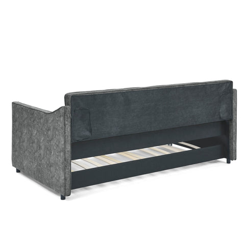Twin Upholstered Daybed With Trundle, Waved Arms - Gray