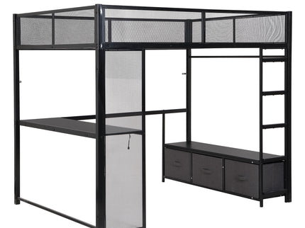 Full Size Gaming Loft Bed With LED Desk, Open Wardrobe, 3 Linen Storage Drawers - Black