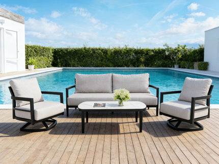 Outdoor Conversation Set With Chairs, Bench Sofa, Tables, Sunbrella Cushions