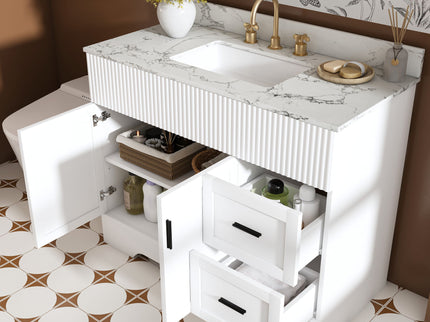 Bathroom Vanity Set, Fluted Cabinet, Soft Close Doors & Drawers, 3 Faucet Holes, Sink Included - White