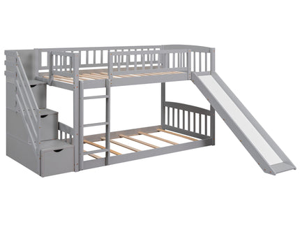 Twin Over Twin Bunk Stairway Bed With 2 Drawers And Slide - Gray