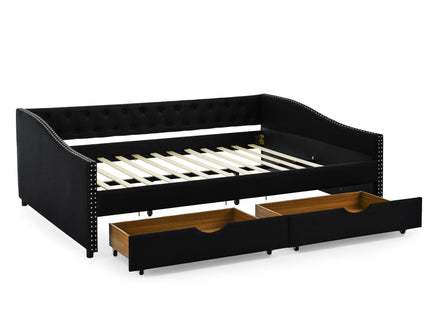 Upholstered Tufted Daybed With 2 Drawers, Waved Arms