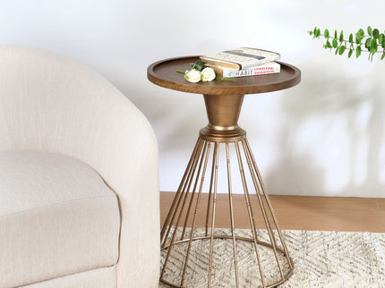Hollow - Edge Retro Art Pine Side Table With Antique And Natural Color, Iron And Pine Construction - Antique Gold / Natural