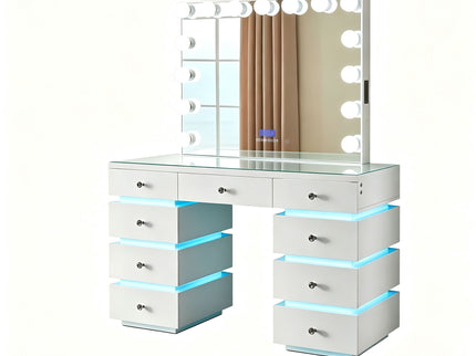 LED Lighted Makeup Vanity Desk With 15 Bulbs Mirror, RGB Light Drawers, 9 Drawers Dressing Table For Bedroom - Gloss White