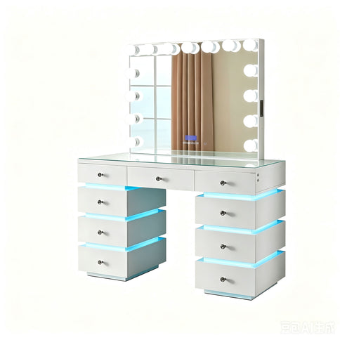 LED Lighted Makeup Vanity Desk With 15 Bulbs Mirror, RGB Light Drawers, 9 Drawers Dressing Table For Bedroom - Gloss White