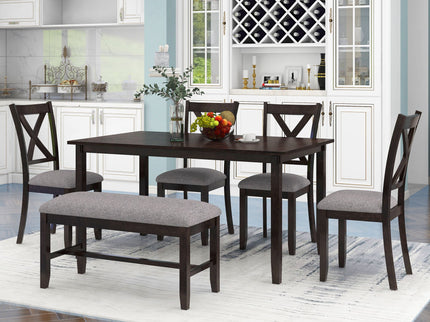 6 Piece Rectangular Dining Table Set With 4 Chairs And Bench