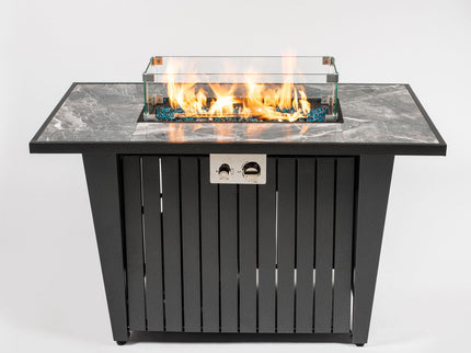 Morden Steel Fire Pit Table With Marble Tile Tabletop, Glass Wind Guard And Lid