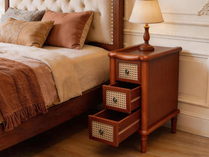 Narrow Side Table With 3 Drawers, Nightstand For Bedroom - Walnut