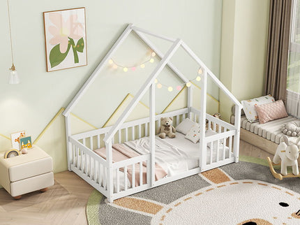 Wood House-Shaped Floor Bed With Fence, Guardrails