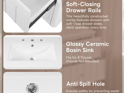 Floating Bathroom Vanity With Oval Knobs & Round Edge, Soft Close Drawer Slides