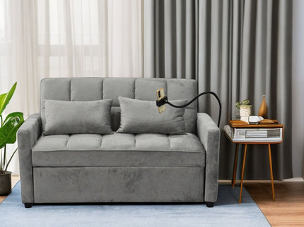 3 In 1 Convertible Sleeper Sofa Bed, Modern Fabric Futon Sofa Couch Pullout Bed, Adjustable Backrest With Three USB Ports, Two Side Pockets, Two Cup Holders And Swivel Phone Holder