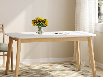Dining Table With Splayed Rubberwood Legs & Faux Wood Tabletop, Mid Century Modern - White Oak