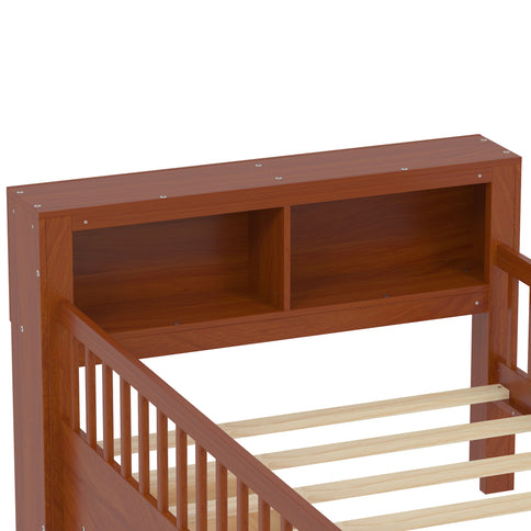 Bed With Headboard Storage Rack, 2 Under Bed Drawers, 3 Side Guardrails For Safety
