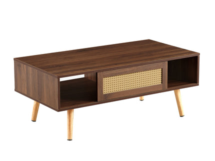 41.34" Rattan Coffee Table, Sliding Door For Storage, Solid Wood Legs, Modern Table For Living Room