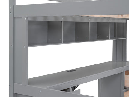 Loft Bed With Desk, Cabinets, Drawers, Charging Station And Bedside Tray