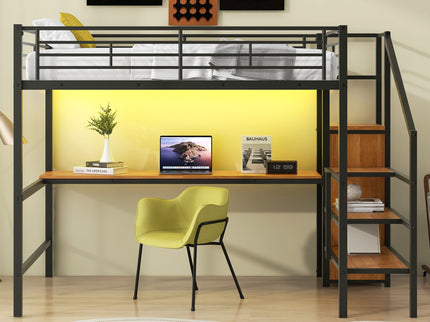 Loft Bed With Desk, Storage Staircase, Small Wardrobe And LED Light