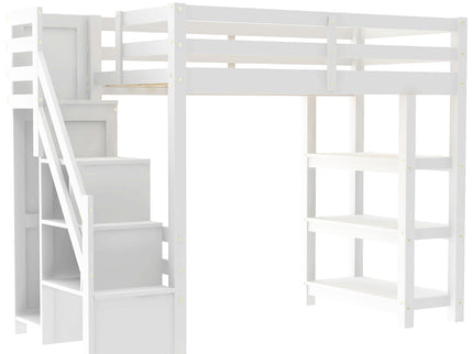 Loft Bed With 4 Layer Shelves, Storage Staircase, Small Wardrobe And LED Light