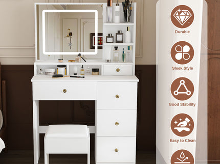 Vanity Desk With Mirror, 3 Color Lighting And Stool