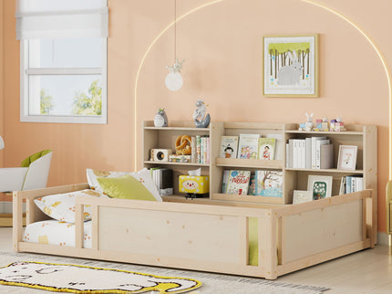 Platform Floor Bed With Guardrail Fence And Side Storage Shelves