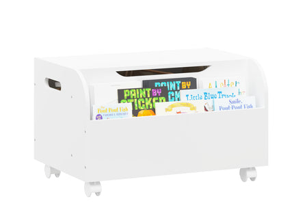 Toy Box With 4 Universal Wheels, Kids Playroom Storage Organizer With Front Bookshelf, Flip Top Lid, Safety Hinge - White