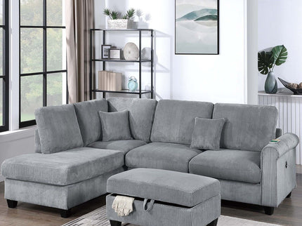 Contemporary Sectional Set With Right Arm Chaise, Left Arm Sofa With USB Port, Storage Ottoman