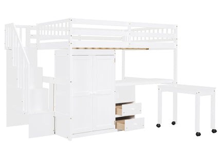 Loft Bed With Stairs, Bookshelf, Drawers, Desk & Wardrobe, Space Saving Multifunctional Furniture