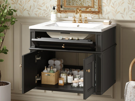 Wall Mounted Bathroom Vanity With Tip Out Drawer And Open Back Design
