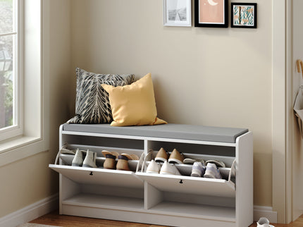 Shoe Storage Bench With Cushion, Entryway Organizer Cabinet For Hallway - White