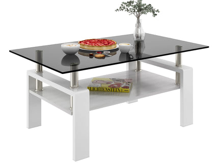 Modern Rectangular Coffee Table With Tempered Transparent Glass Top And Storage Shelf