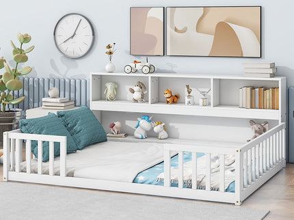 Floor Bed With Side Bookcase, Shelves, Guardrails