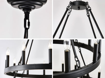 2 Tiers Wagon Wheel Chandelier Wooden Farmhouse 36 Light (24 / 12) Or (12 / 24) Metal Chandeliers 2 Story Light Fixtures Industrial For High Ceiling Living Dining Room Foyer, Adjustable Height - Black