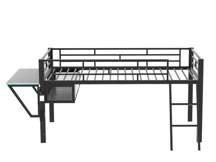 Modern Gaming Mid Loft Bed With Desk And LED Lights