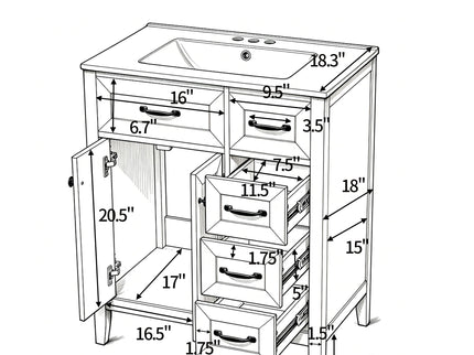 Bathroom Vanity With Sink, Freestanding Design, Soft Close Doors & Drawers - White