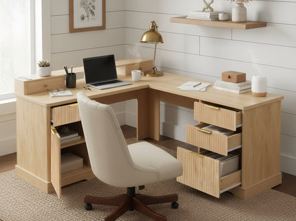 Fluted L-Shaped Desk With Charging Station & Storage Cabinet