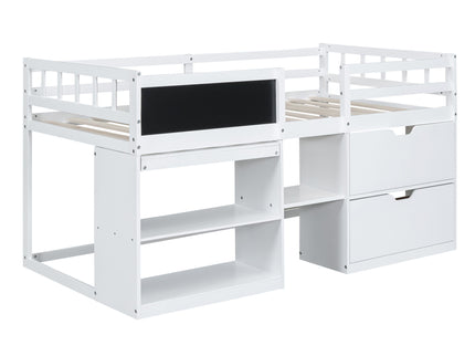 Low Loft Bed With Rolling Desk, Shelf And Drawers