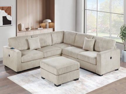 Upholstered L - Shaped 4 Piece Sectional Set With USB, Cocktail Ottoman