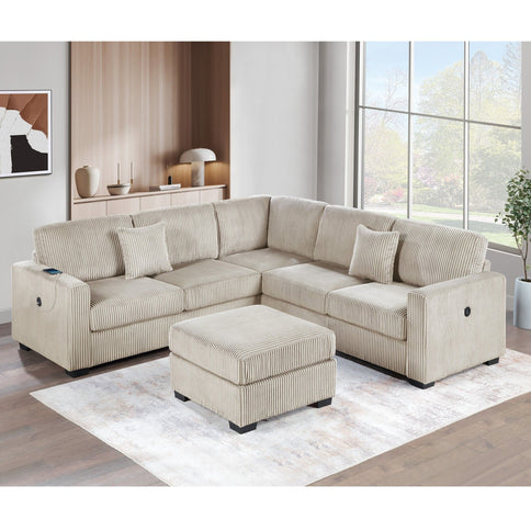 Upholstered L - Shaped 4 Piece Sectional Set With USB, Cocktail Ottoman