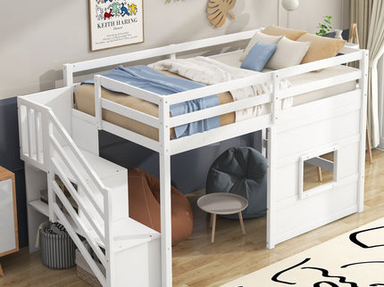 Loft Bed With Storage Staircase, Window & LED Light