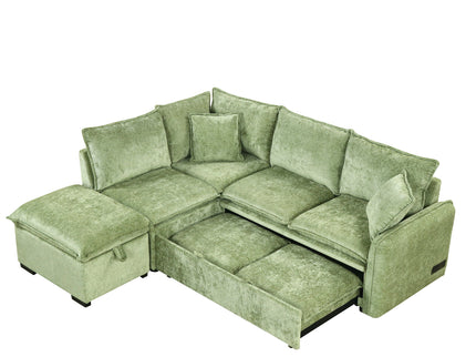 Convertible Sofa Bed Sectional Sofa Sleeper L-Shaped Sofa With A Storage Ottoman, Two Pillows, Two Power Sockets And Two USB Ports For Living Room
