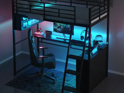 Loft Bed With LED Desk And 4 Storage Shelves