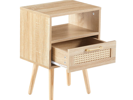 15.75" Rattan End Table With Drawer And Solid Wood Legs, Modern Nightstand, Side Table For Living Room, Bedroom