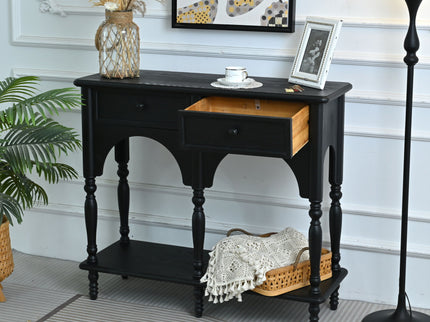 Accent Carved Console Table With Open Shelf And 2 Drawers For Living Room - Black