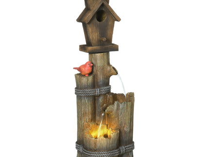 Outsunny - Outdoor Fountain With Birdhouse, Cascading Garden Waterfall Bird Bath With 3 Tier Rustic Tree Trunk / Log Design, LED Lights For Porch, Deck, Yard Decor - Brown