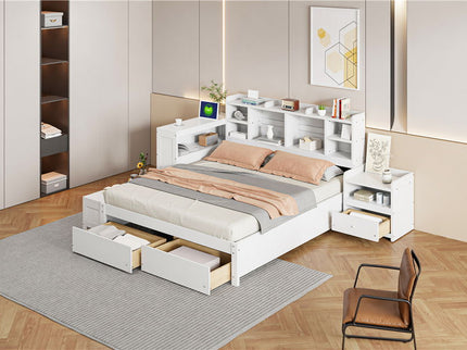 Platform Bed With Multi Functional Storage Space, Nightstand, 2 Drawers, USB Ports And Desk
