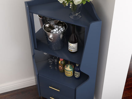 Corner Bar Cabinet With Mirrored Back, 2 Open Shelves & 2 Drawers, High Legs For Easy Cleaning