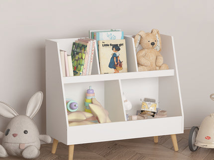 Kids Bookshelf And Toy Organizer, 5 Cubbies Wooden Open Bookcase, 2-Tier Baby Storage Display Organizer With Legs, Free Standing For Playing Room, Bedroom, Nursery, Classroom - White
