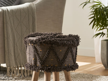 Roja - Handcrafted Wool & Cotton Foot Stool With Eucalyptus Wood Frame - Dark Brown